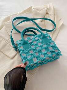 Nuevo bolso de mano de primavera/verano con bloque de color, cuadros y flecos, bolso de hombro cruzado casual y versátil para mujer
