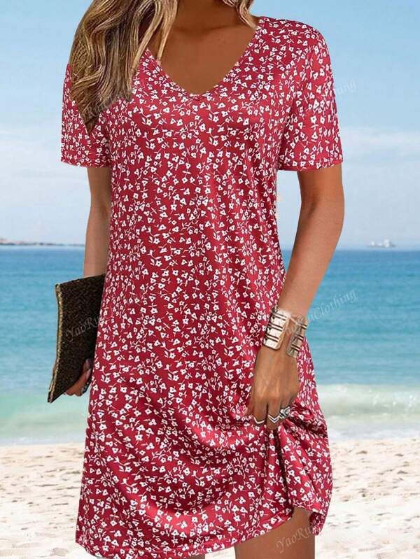Frühlings-/Sommer Mode neue modische Lässig Resort Stil leichtes, elegantes, vielseitiges Slim-Fit Damen Kleid, bedrucktes Mini Blumen Kurzarm Kleid für Ausflüge, Zuhause, Reisen, Büro