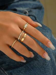 4pcs Gold-Color Alloy Women's Fashion Elegant Luxury Ring Set - Gold - View 4