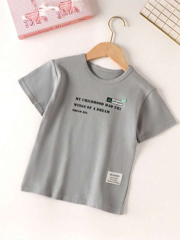 Young Boys' Simple Letter Print Short Sleeve T-Shirt, Breathable Lightweight Summer