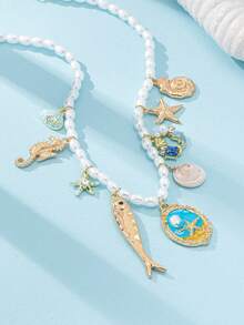 1 件 ABS 珍珠夏季海洋元素海星贝壳多吊坠项链，波西米亚风格多层串珠项链套装，适合度假、海滩、派对、日常佩戴 - 彩色 - 查看 9