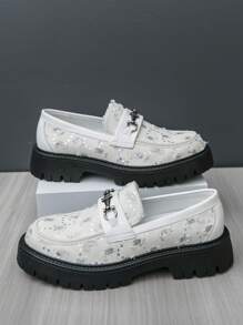 Men's Loafers Denim Distressed Decor British Style Formal Shoes, Casual White Dress Shoes
