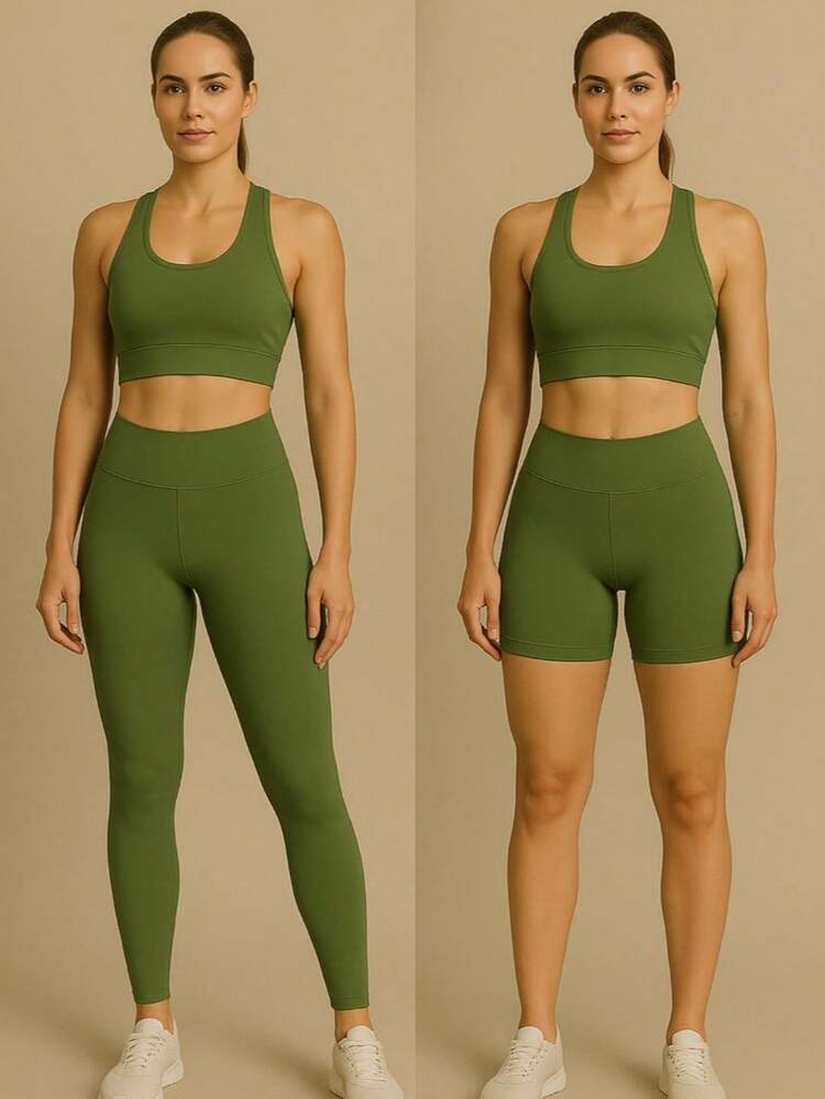 Conjunto Academia  Fitness 3 Peças PMGG – Top, Shorts e Calça Legging | Tecido Sem Transparência e Muito Elastano - Verde Primavera - Visão 1