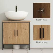 HOMCOM Under Sink Bathroom Cabinet, Industrial Freestanding Under Sink Cabinet With 2 Doors, Adjustable Shelf And Steel Frame For Basin Without Or With Pedestal, Oak - 棕色 - 查看 7