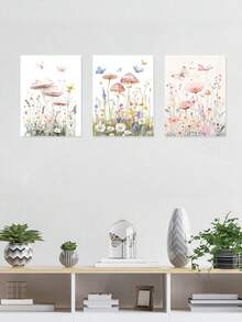 3 件魔法蘑菇墙饰、蝴蝶天堂帆布印刷墙饰、异想天开的自然海报、柔和色调的现代艺术品、多风花园房间美学、花田墙饰、艺术印刷品、墙饰、海报、理想礼物、可选装框 - 3件/套 - 查看 13