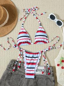 两件套新款时尚女士比基尼泳装，露背印花碎花条纹撞色设计，配金属装饰，适合度假海滩夏季穿着。 - 彩色 - 查看 3