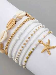 7 peças/Conjunto Pulseiras Femininas de Conchas e Estrelas-do-Mar com Contas, Acessórios de Praia e Diários