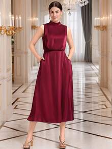 EVERPRETTY Váy dự tiệc cưới màu đỏ tía cổ điển quyến rũ bằng vải satin bóng thanh lịch dành cho nữ, không tay, cạp chun, xẻ tà bên hông, có túi, váy trang trọng dài đến giữa bắp chân, phù hợp cho tiệc cưới, sinh nhật, tiệc tối, váy phù dâu - Màu Đỏ Sâu - Xem 2