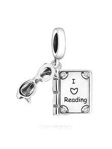 1 set de bijoux en argent sterling 925, incrusté de diamants et de cubic zirconia cubiques, comprenant un livre, des lunettes, des éléments "J'aime lire", convenant pour la rentrée scolaire, les occasions sur le campus, avec un pendentif à perles, idéal pour les bijoux pour femmes, les accessoires en argent, le port quotidien et les cadeaux - Argent - Voir 2