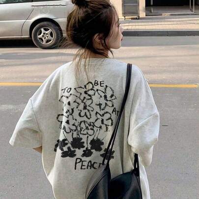 일본풍 여성 루즈핏 라운드 넥 캐주얼 멀티웨어 프린트 반소매 티셔츠, 봄/여름