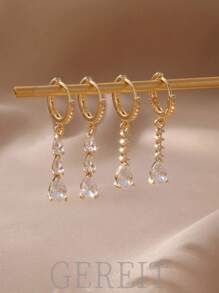 GEREIT 2pcs Set Fashionable Teardrop Cubic Zirconia Pendant Earrings For Women, Suitable For Daily Wear