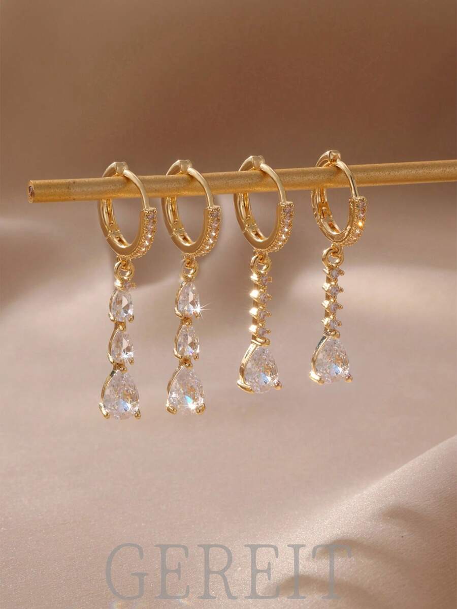 GEREIT 2pcs Set Fashionable Teardrop Cubic Zirconia Pendant Earrings For Women, Suitable For Daily Wear