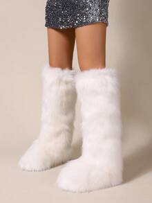 Women's Faux Fur Boot Furry Fluffy Round Toe Suede Winter Comfy Plush Warm Short Outdoor Indoor Flat Shoes Knee-High Boots - White - View 6