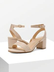 Women Minimalist Chunky Low Heeled Sandals, Elegant Ankle Strap Open Toe Heeled Sandals For Summer Spring Wearing - 裸色/麂皮 - 查看 7