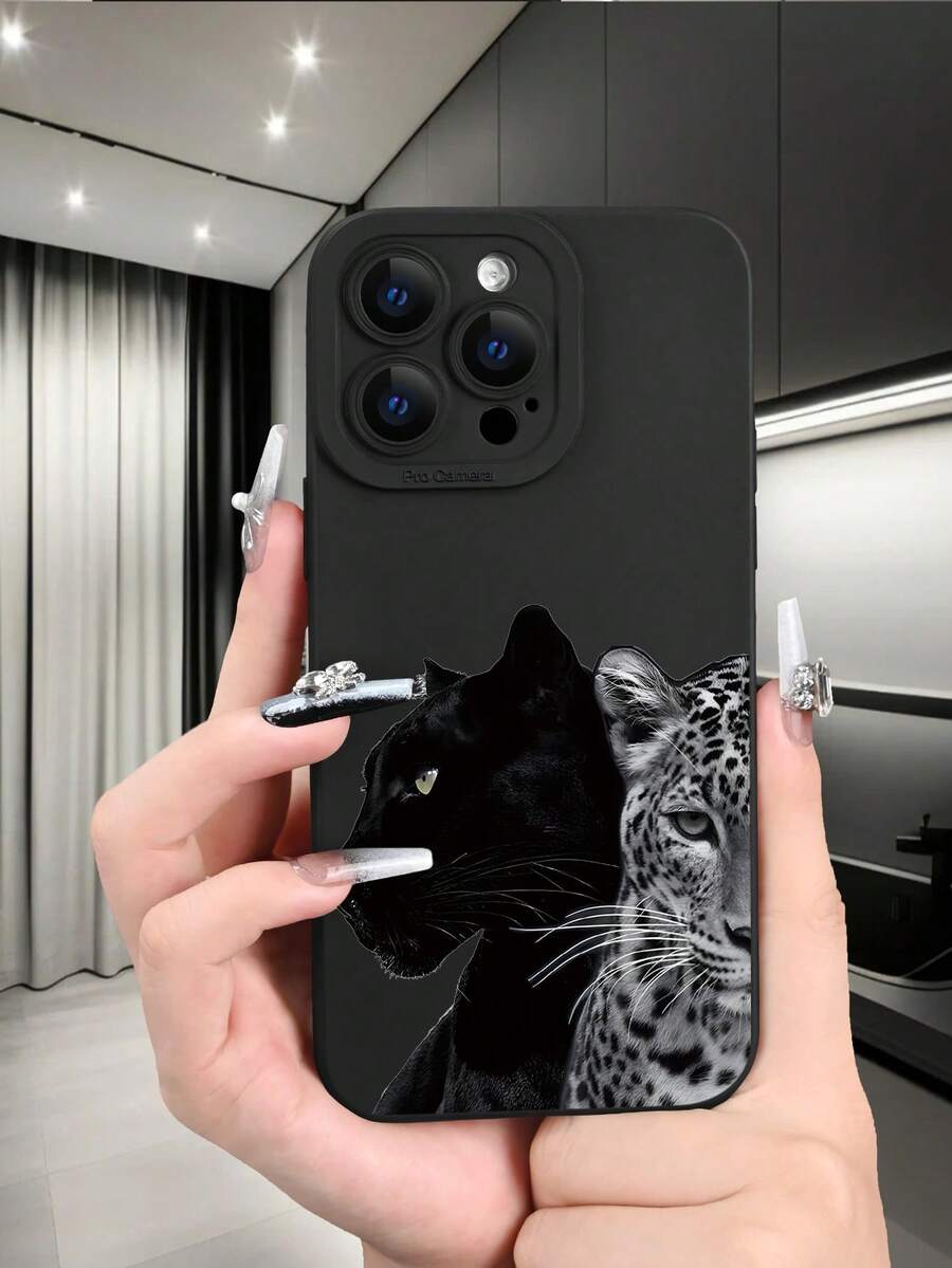 Fierce Animals 1 件黑白豹纹 2D 图案创意高端商务简约时尚手机壳，适合作为送给长辈、朋友、家人、情侣的生日或节日礼物，柔软触感哑光黑色全覆盖保护防尘防水外壳兼容 16/15/14/13/12/11/Pro/ProMax/X/XR/XS/XS Max/7/8/PLUS 和型号