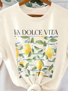 Hewang T-shirt col rond à manches courtes avec imprimé citron et lettres en grande taille - doux, respirant, microélastique, top décontracté pour l'été et le printemps - vêtements femmes grandes tailles coupe droite, hauts graphiques femmes