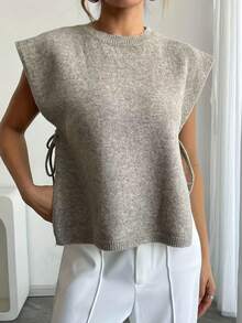 女士优雅无袖针织吊带背心，侧系带，轻盈透气休闲度假毛衣背心 - 卡其色 - 查看 1