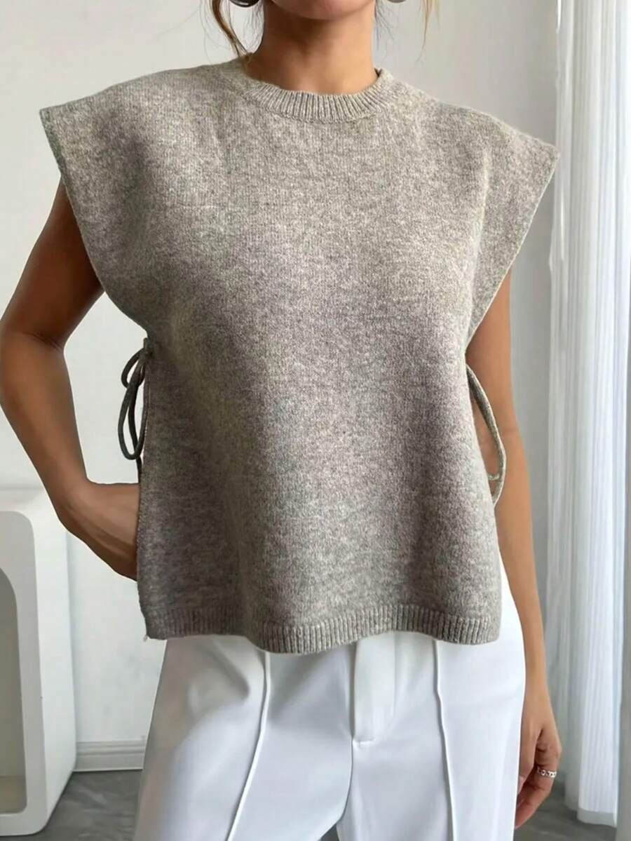 女士优雅无袖针织吊带背心，侧系带，轻盈透气休闲度假毛衣背心 - 卡其色 - 查看 1