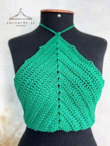Cropped Crochet Summer 2024 Top Knitted Halter Beach Fashion Carnival Neon - Lá cờ xanh - Xem 7