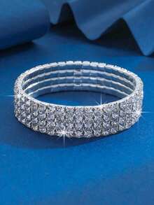 Stylish Minimalist Women Fully Rhinestoned Anklet, Super Shiny Elastic 1-5 Rows Anklets Bracelet For Birthday Wedding Party Accessories - Silver - View 14