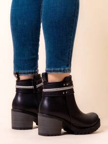 Botines de tacón alto mujer, botines con hebilla redonda, botines,elegantes, calzado urbano mujer, botines para otoño invierno, botas estilo minimalista, botines fashion mujer, botas caña media. - Negro - Ver 3