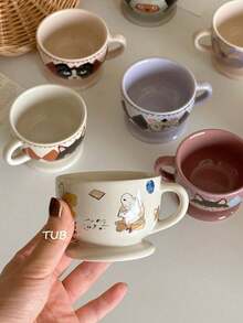 1件120ml猫咪马克杯复古高脚陶瓷杯意式咖啡杯精致小茶杯迷你卡通水杯可爱猫咪咖啡杯