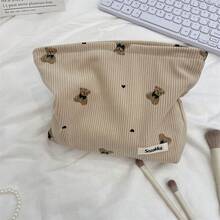 1 件灯芯绒可爱小熊装饰心形化妆包，时尚休闲大容量便携式拉链化妆包，旅行度假必备化妆包，可装卫生巾、化妆袋、有线耳机、耳机、耳机、充电器、口红、化妆品、香水、护肤品和美容产品、家居装饰、适合妈妈、女士、护士、学生、女学生、钥匙、节日礼物