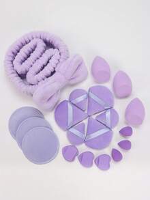 21件套化妆刷套装，包含1个头带、2个腕带、3片卸妆棉、3个粉扑、3个迷你粉扑、3个化妆海绵、3个迷你化妆海绵和3个迷你气垫粉扑，以及粉底调色美妆海绵，适用于无瑕液体、膏状和粉状产品。多色化妆海绵，干湿两用，不含乳胶，适合所有肤质。采用超柔软天鹅绒材质，专为修饰眼部和眼角而设计，配有粉底调色铲。套装包含气垫粉扑、不含乳胶的调色海绵和化妆海绵，适用于液体粉底、粉状粉底和遮瑕膏。适合所有肤质。可重复使用的卸妆棉，双面可水洗卸妆巾，圆形设计，适用于面部和皮肤护理，蓬松海绵，可清洁浓妆，适合所有肤质。价格实惠，适合作为圣诞礼物、化妆品、化妆工具、便宜货、礼物、女士礼物、圣诞礼物。