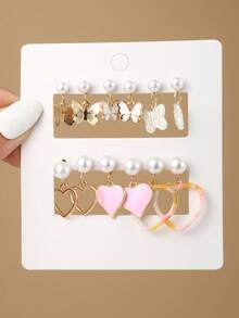 6 Pairs/Set Fashion Cute Butterfly & Heart Faux Pearl Earrings Jewelry Set, Suitable For Wedding & Girls