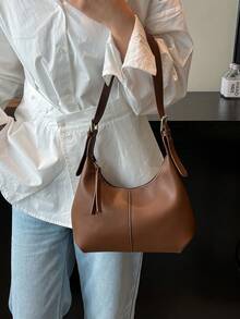 1pc Niche Design Soft PU Solid Color Fashion Minimalist Versatile Mini Shoulder Bag Underarm Bag Handbag For Women - Coffee - View 4