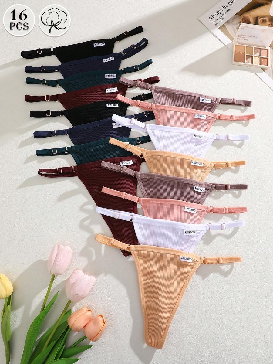 Tangas ajustables de algodón acanalado para mujer, 16 unidades, lencería sexy - Multicolor - Ver 1