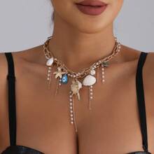 1pc Bohemian Style Starfish Shell Tassel Faux Pearl Necklace, Handmade Multilayer Pearl Choker Necklace, Suitable For Bikini Beach Vacation Wear