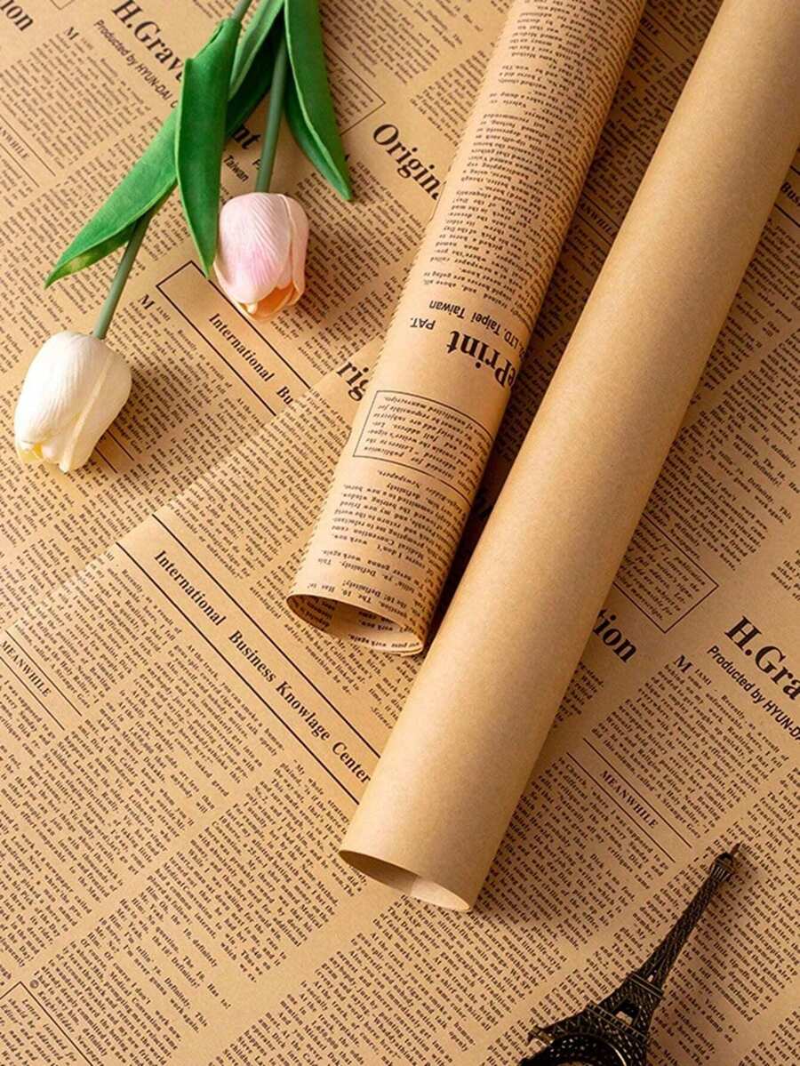 6 件复古英文报纸和牛皮纸包装纸，用于礼品或鲜花包装、花束包装材料、鲜花包装纸