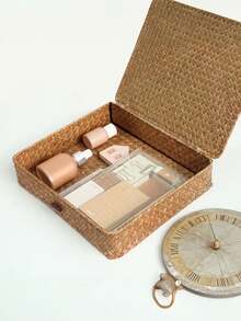 1pc Handwoven Seagrass Storage Basket With Lid, Personalized Decorative Organizer Box, Suitable For Home Display, Bathroom, Kitchen, Snack, Jewelry, New Year Gift Wrapping, Bedroom, Living Room, Drawer, Desktop Cosmetics And Miscellaneous Storage - Multicolor - View 5