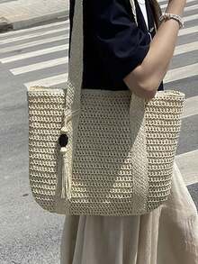 Large Capacity Tote Bag Hand-Held Straw Bag Shoulder Bag Seaside Vacation - Beige - View 3