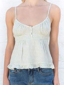 Women Fairy Grunge Y2k Shirts Square Neck Lace Patchwork Tops Vintage Goth Aesthetic Tank Tops - 綠色 - 查看 1