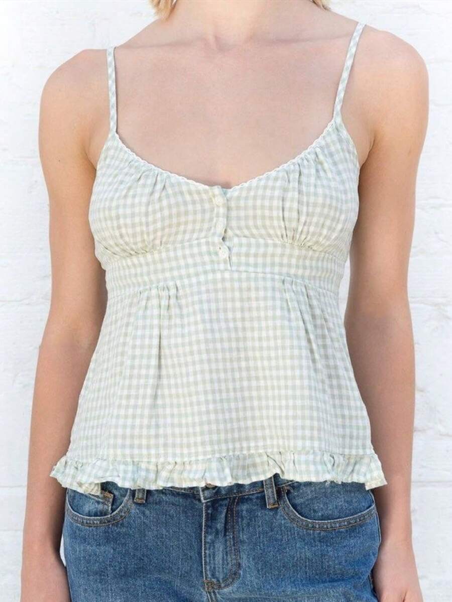 Women Fairy Grunge Y2k Shirts Square Neck Lace Patchwork Tops Vintage Goth Aesthetic Tank Tops - 綠色 - 查看 1