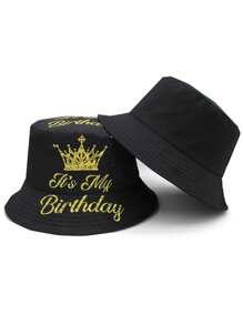 Elegante cappello secchiello con design della corona "È il mio compleanno" - leggero, nero con scritte dorate, 1 pezzo cappello secchiello in poliestere per feste di compleanno