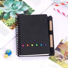 Carnet de notes en spirale unisexe, 70 pages, 1 stylo (couleur aléatoire), avec porte-stylo intégré, mini carnet à couverture rigide avec étiquettes d'index de couleur, convient pour le travail, la prise de notes et les fournitures scolaires, rentrée des classes