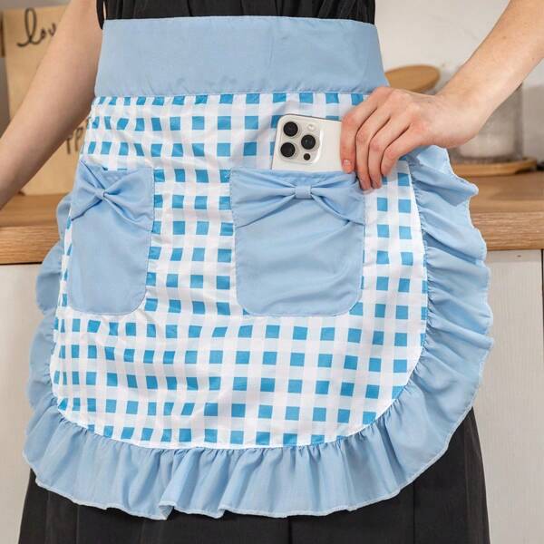 1pc Fashion Waist Apron With Ruffle Trim Plaid Pattern, Kitchen Cooking Restaurant Short Half Apron With Pocket For Women