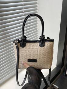 2025 女士编织单肩托特包，大容量度假沙滩手提包，通勤手提包 - 黑色 - 查看 7