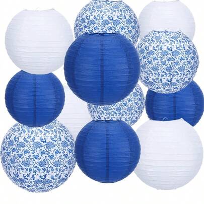 12 piezas linternas de papel con diseño de porcelana azul y blanca con patrones tradicionales chinos, apropiadas para bodas, cumpleaños, festivales, fiestas y decoración del hogar
