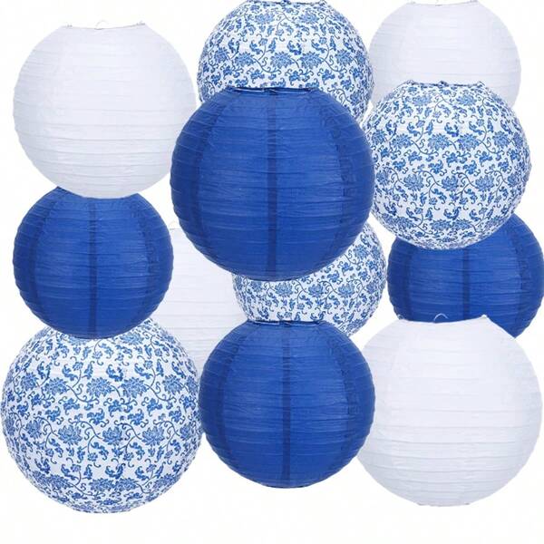 12pcs Blue And White Porcelain Design Chinese Traditional Pattern Paper Lanterns, Suitable For Weddings, Birthdays, Festivals, Parties, And Home Decor