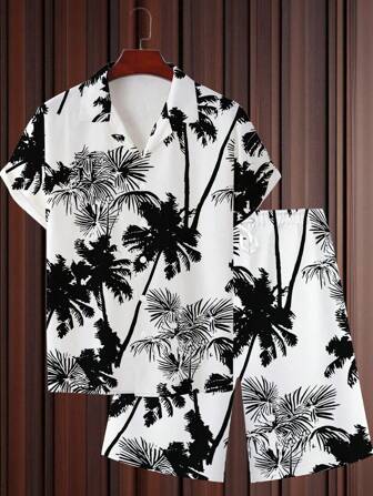 2pcs/Set Plus Size Men's Casual Daily Coconut Tree 3D Print Short Sleeve Polo Shirt & Shorts Set, Suitable For Summer