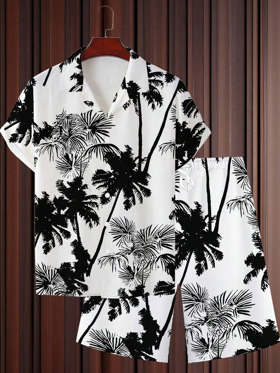 2pcs/Set Plus Size Men's Casual Daily Coconut Tree 3D Print Short Sleeve Polo Shirt & Shorts Set, Suitable For Summer