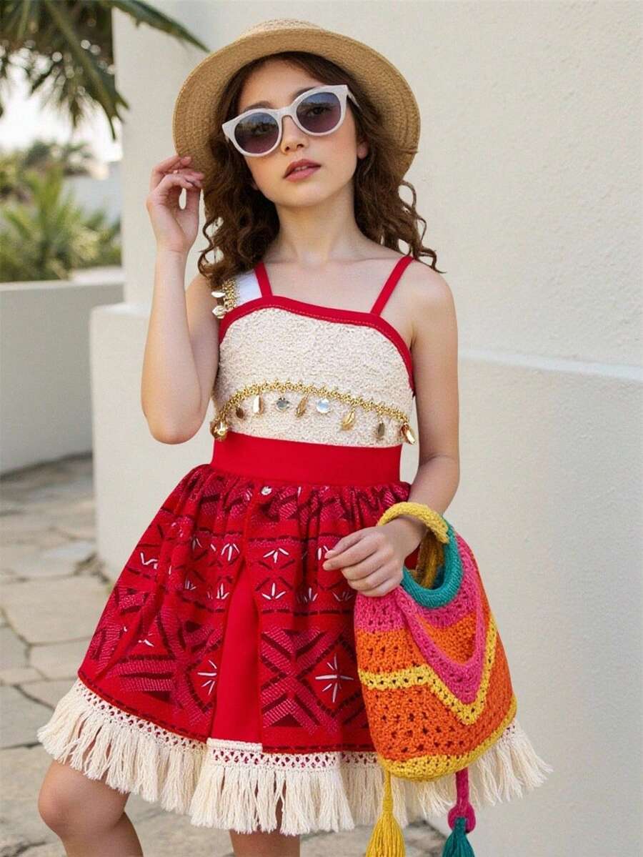 Young Girls Spaghetti Strap Tassel Princess Dress, Suitable For Parties, Fabric And Pattern Randomly Assorted - Đỏ - Xem 1