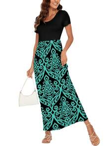 One Piece Women's Long Short Sleeve Dress, Large Round Neck Simple And Elegant Solid Color - 藍綠 - 查看 3