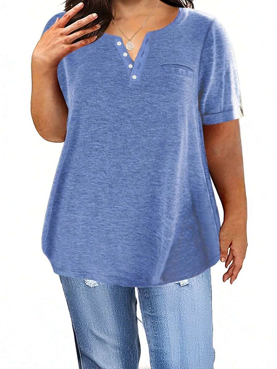Plus Size Women's Summer Comfortable New Top Solid Color V-Neck Short Sleeved Pocket Loose T-Shirt - 藍色 - 查看 1