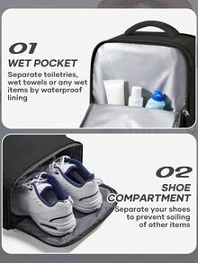 男女通用大号旅行背包，商务笔记本电脑背包，登机箱尺寸42x20x32，符合航空公司登机标准，防水，多功能独立鞋仓，干湿分离层，适合中学生旅行、上学、通勤和使用电脑。 - 黑色 - 查看 6