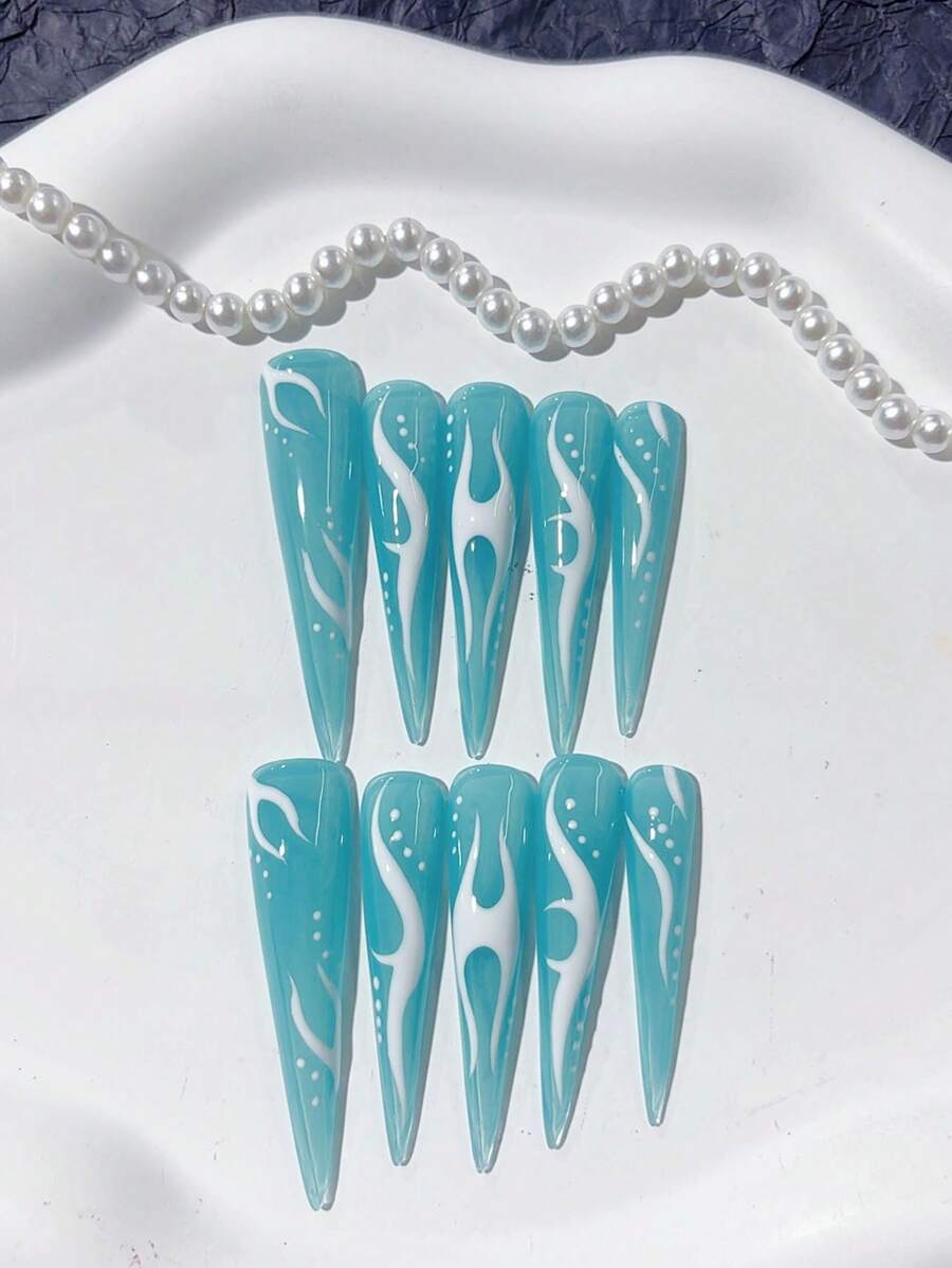 "10pcs Handmade Transparent Blue Press-On Nails Set With Tools - Perfect For Women & Girls Daily Wear And Parties - Premium Quality Nail Art"